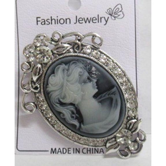 Broche bijou Femme camée gris bleu et Strass Cristal, acier bronze