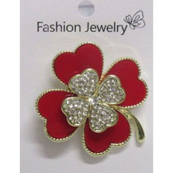 bijoux broche trefle rouge strass