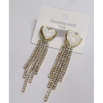 Jewelry mother-of-pearl heart earrings with rhinestone pendants in gold-plated steel