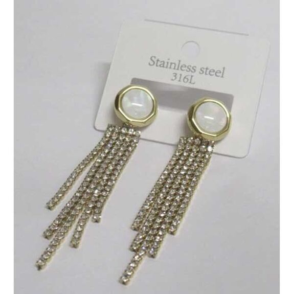 Bijoux boucles d'oreilles rond nacre pendants strass acier doré