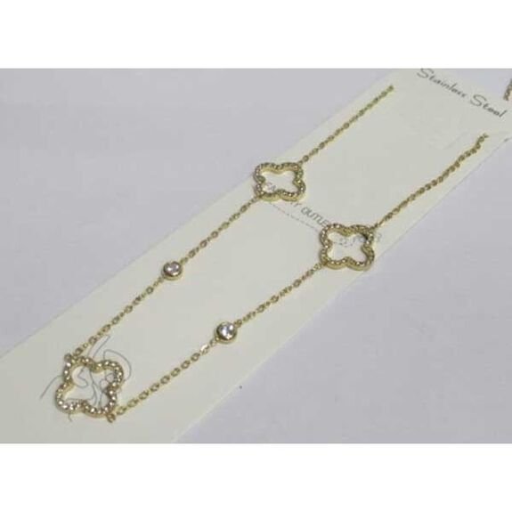 bijoux collier 3 trefles strass acier doré