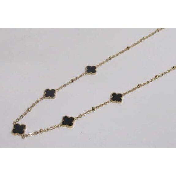 bijoux collier 5 trefles fleur acier noir