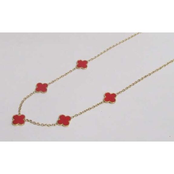 bijoux collier 5 trefles fleur acier rouge