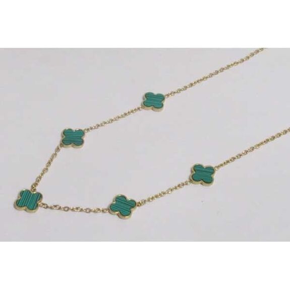 bijoux collier 5 trefles fleur acier vert