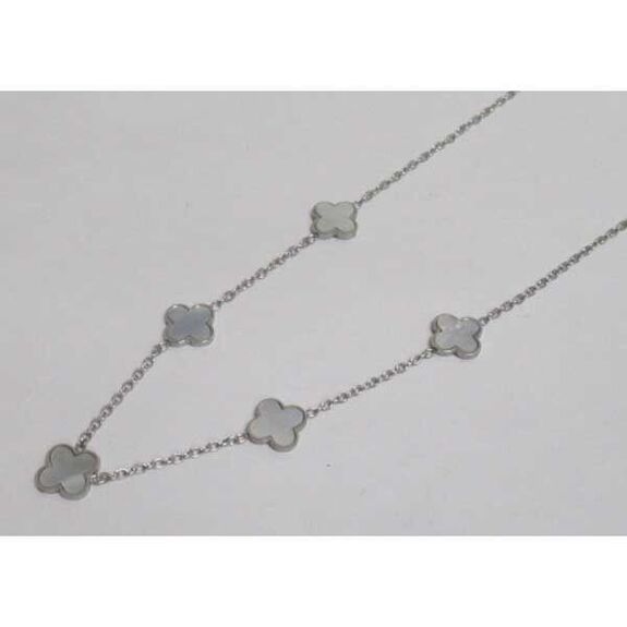 bijoux collier 5 trefles fleur argente nacre en acier