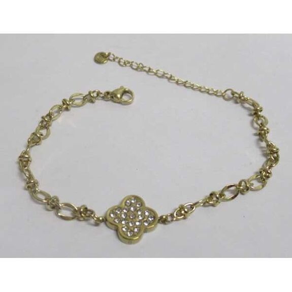 gold-tone stainless steel bracelet with diamond-shaped links and a clover charm