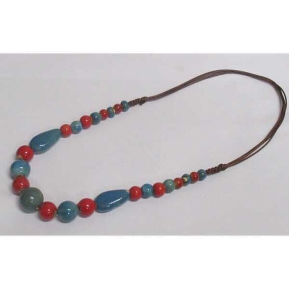 bijoux collier boule céramique rouge bleue