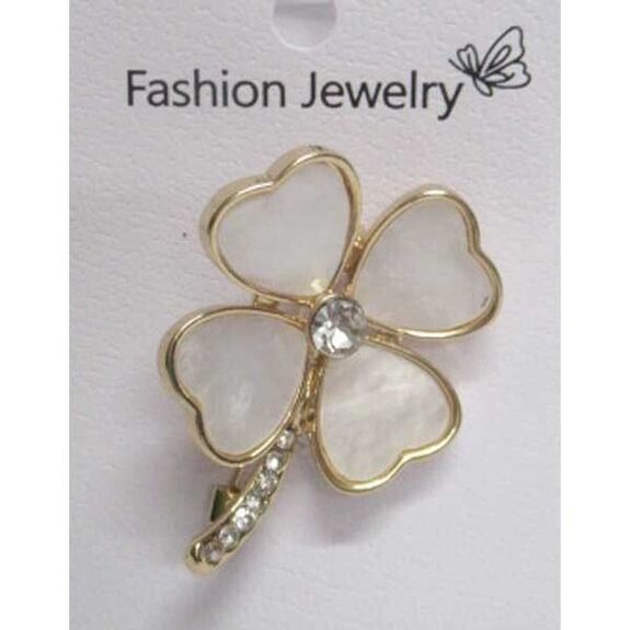 bijoux broche trefle nacre doré