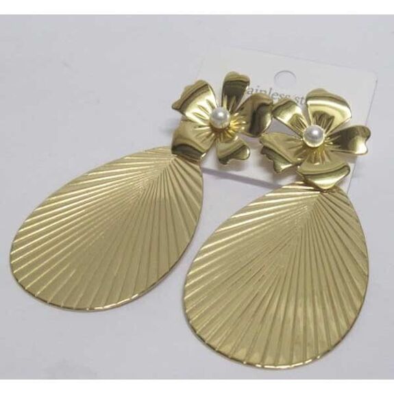 boucles d'oreilles fleur perle acier doré languette pendante
