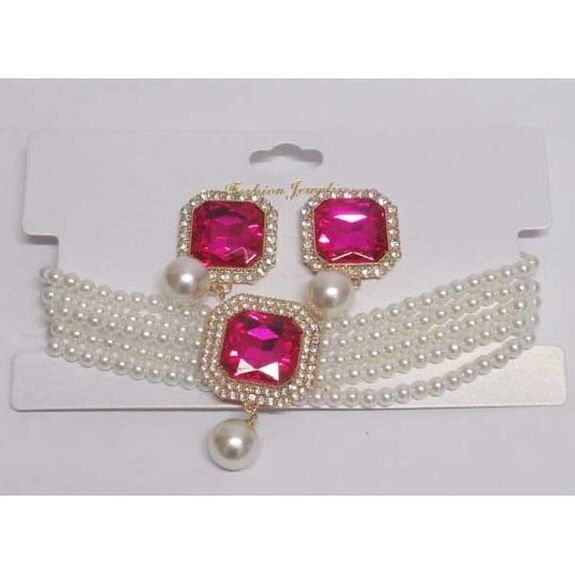 Fuchsia crystal pearl choker jewelry set