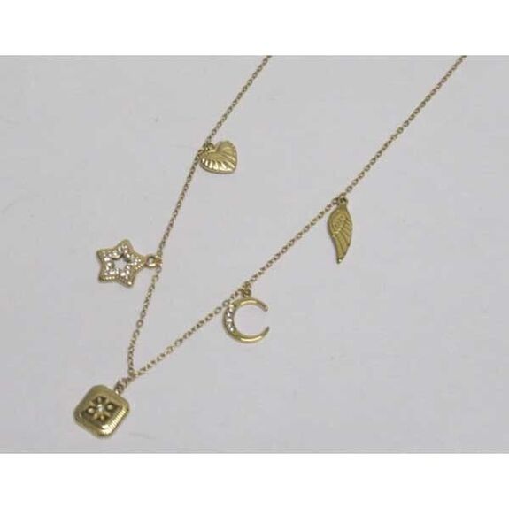 collier chaine breloques coeur etoile lune aile medaillon acier