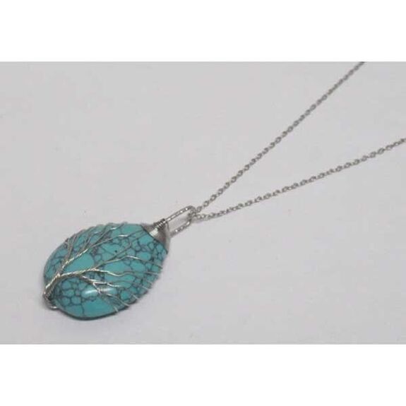 turquoise stone tree of life drop pendant