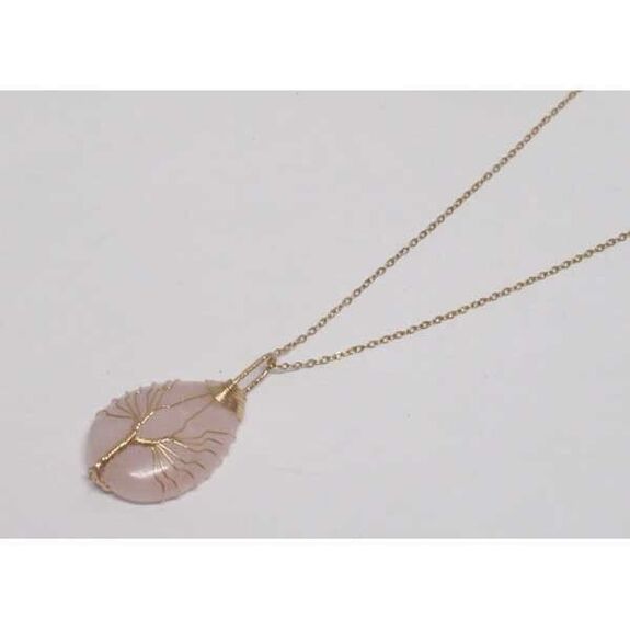 pendentif goutte quartz rose sur chaine acier