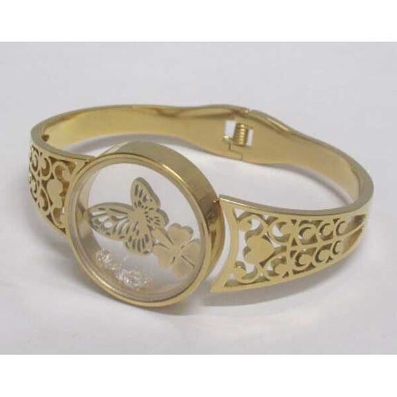 bracelet jonc papillon dans medaillon en acier doré