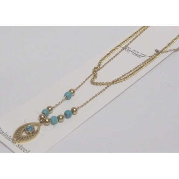 bijoux acier pendentif turquois double chaine