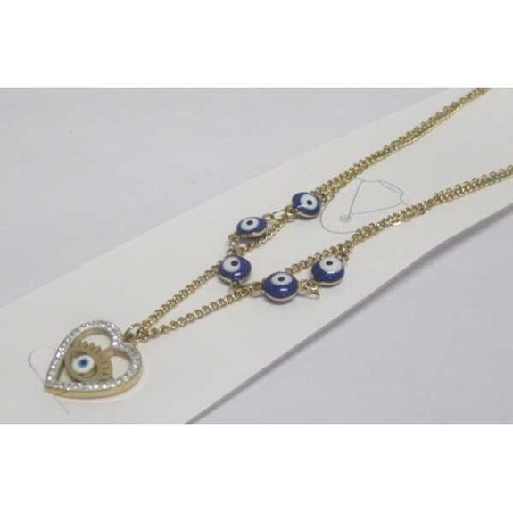 steel necklace with double blue eye heart pendant