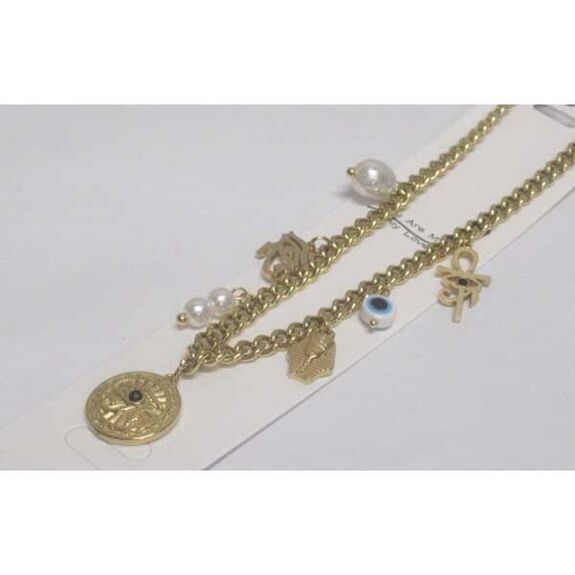 bijoux chaine maille breloques Osiris pharaon oeil perle acier dore