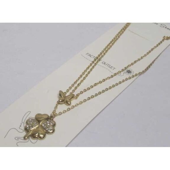 bijoux collier trefle double chaine papillon en acier