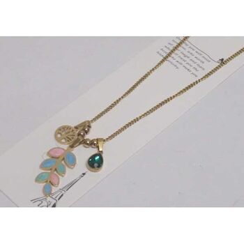 collier chaine acier doré arbre de vie cristal feuilles couleurs