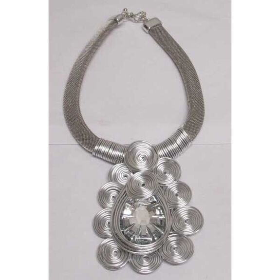 silver mesh crystal spiral flower necklace