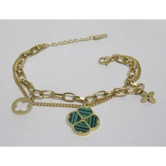 bijoux double chaine trefle en vert et breloques au poignet en acier