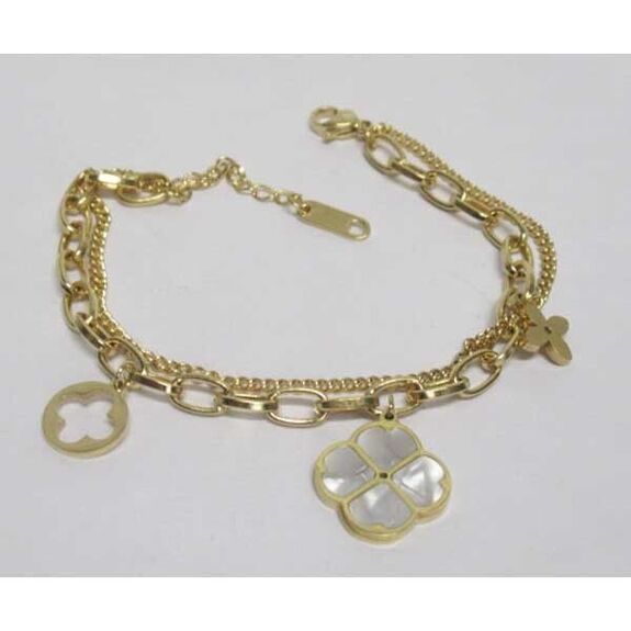 bracelet bijoux double chaine trefle nacre et charm s en acier