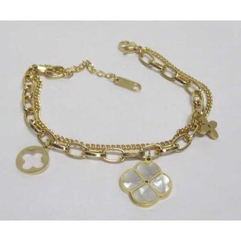 bracelet bijoux double chaine trefle nacre et charm s en acier