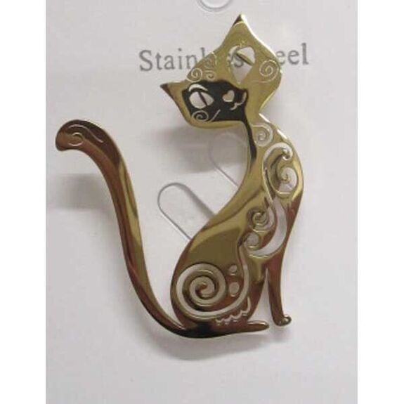bijoux broche chat cercles en acier doré
