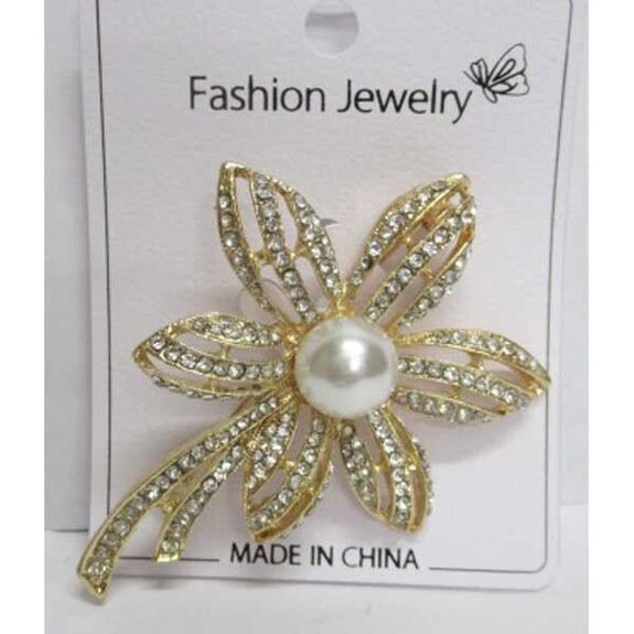 gold pearl crystal flower brooch