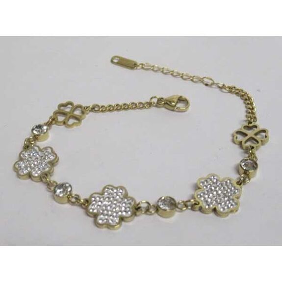 gold-plated steel clover and rhinestone chain bracelet