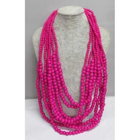 Long fuchsia wooden bead necklace