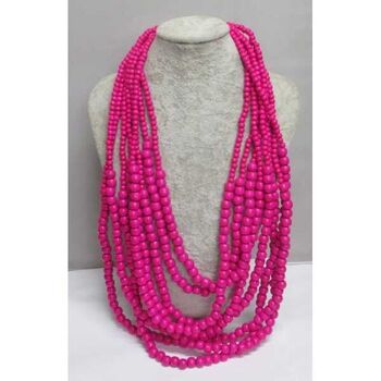 Bijoux long collier perle bois fushia