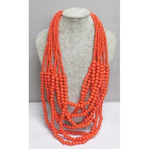 Bijoux long collier perle bois orange