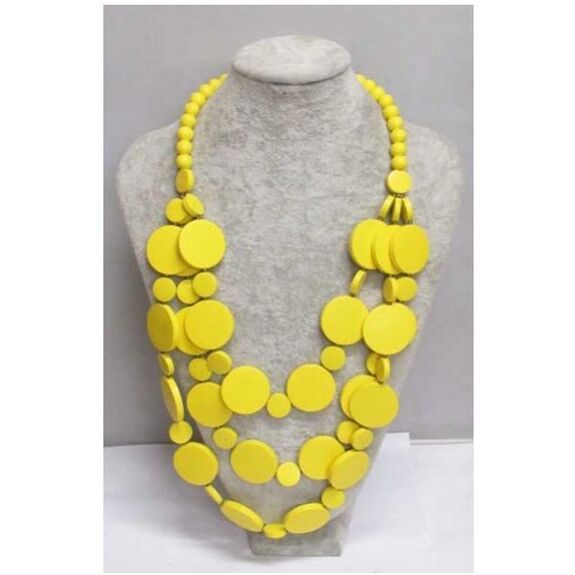 Bijoux collier bois jaune triple rang