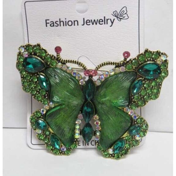 bijoux broche papillon strass vert