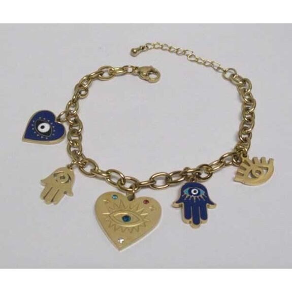 steel bracelet with eye, heart, and hand charms