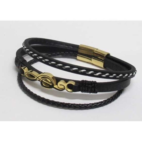 homme bracelet cuir cle sol acier doré