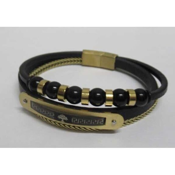 bracelet triple en cuir arbre de vie acier