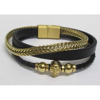 bracelet cuir acier crane doré masculin