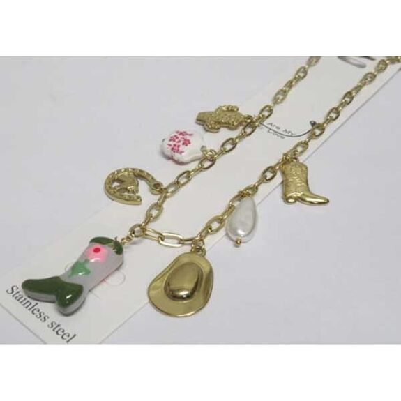 cowboy necklace, horseshoe, boot, steel hat
