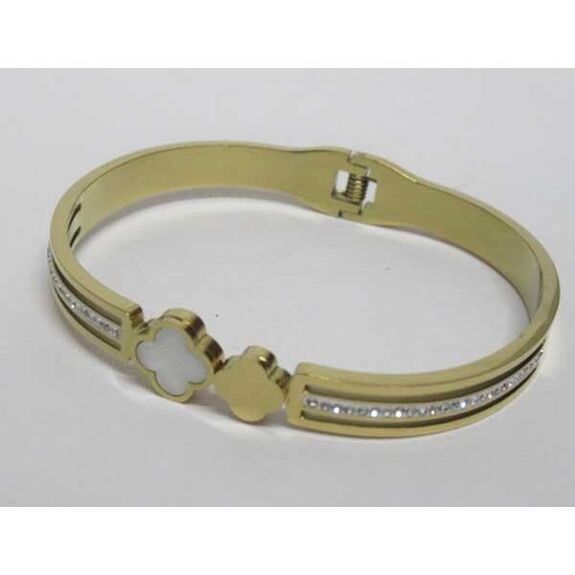 Mother-of-pearl clover bangle with gold-plated steel and rhinestone trim