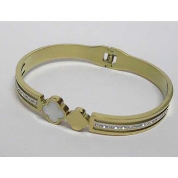 bracelet jonc trefle nacre acier dore ligne strass