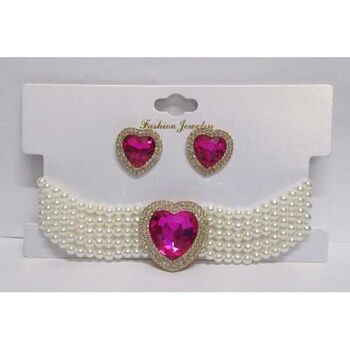 Parure de bijoux ras de cou perle coeur fushia