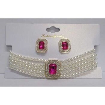 bijoux ras de cou perle cristal rectangle  fushia