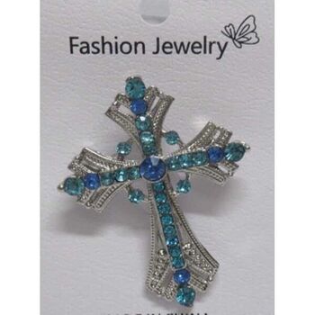 bijoux broche croix cristal bleu