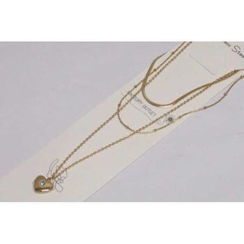 3-chain necklace with blue crystal heart and steel