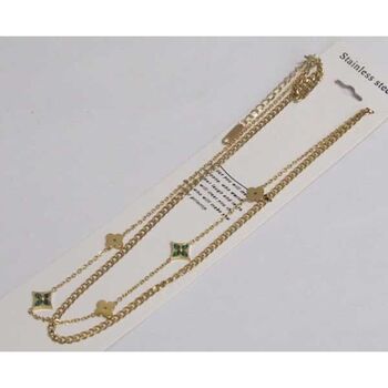 collier double chaîne fleur email vert en acier