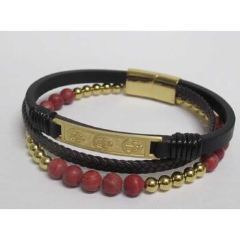 bracelet acier ancre cuir pierre boules dorées