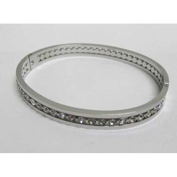 silver-tone stainless steel bangle bracelet with a row of rhinestones