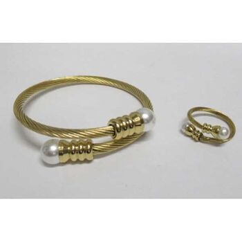 Steel cable jewelry with pearl and matching ring